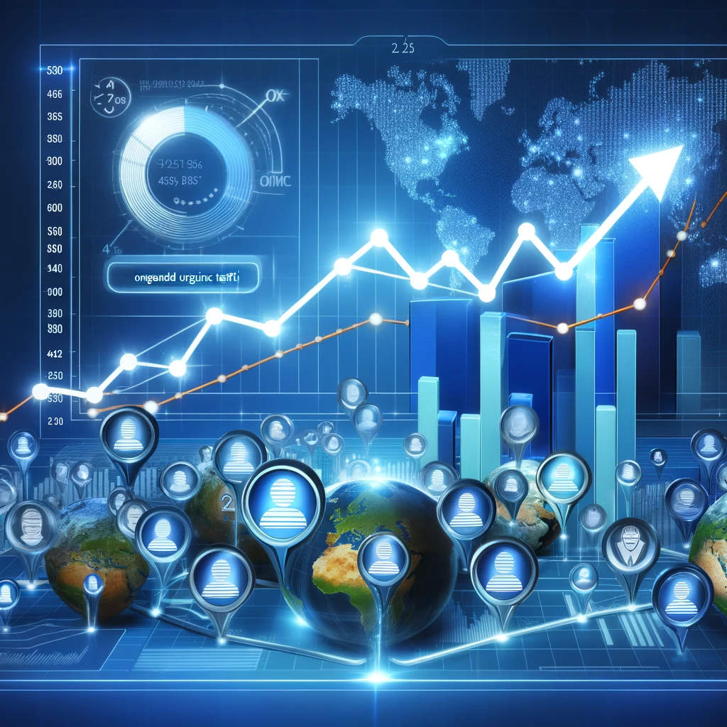 "Visual representation of increased organic traffic with a rising line graph and website visitors depicted as icons."