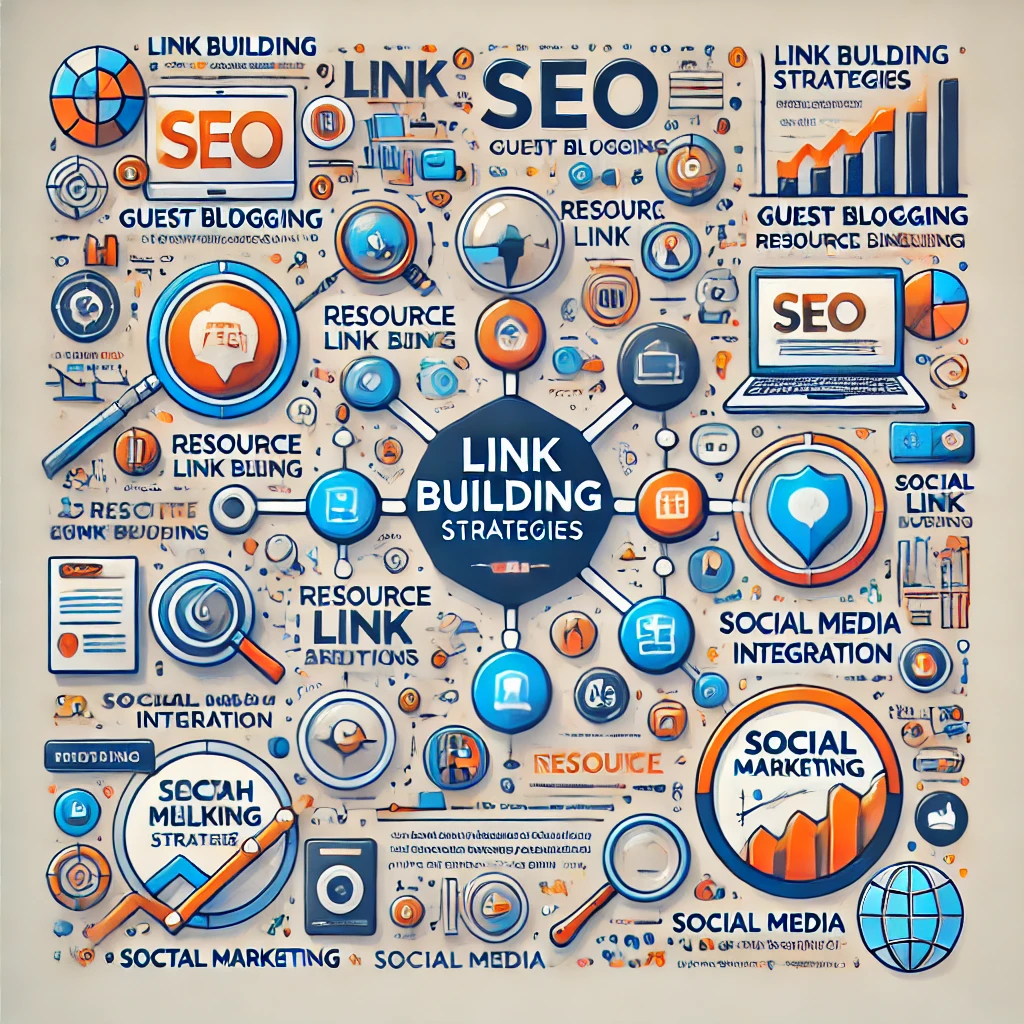 "Infographic showing link building strategies for SEO such as guest blogging, resource link building, and social media integration."