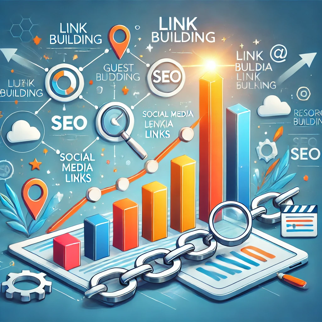 "Illustration summarizing the conclusion of a link building article, showing the impact of strategies like guest blogging, social media links, and resource link building on improving SEO."