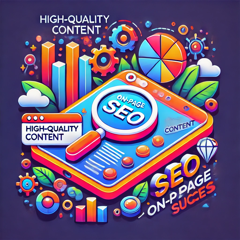 "Graphic showcasing high-quality content with text, images, and videos for on-page SEO success."