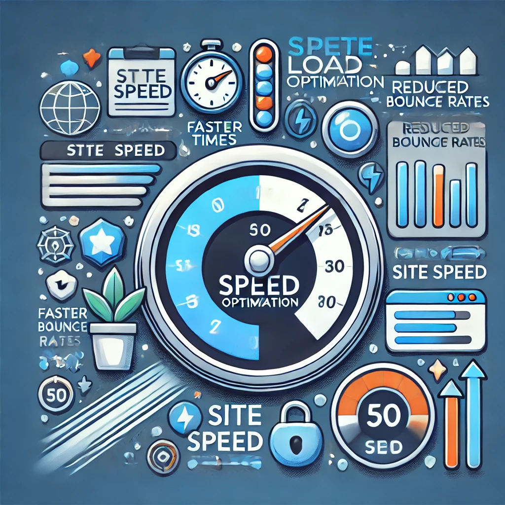 "Image depicting website speed optimization with speedometer icons, loading bars, and fast-forward symbols."