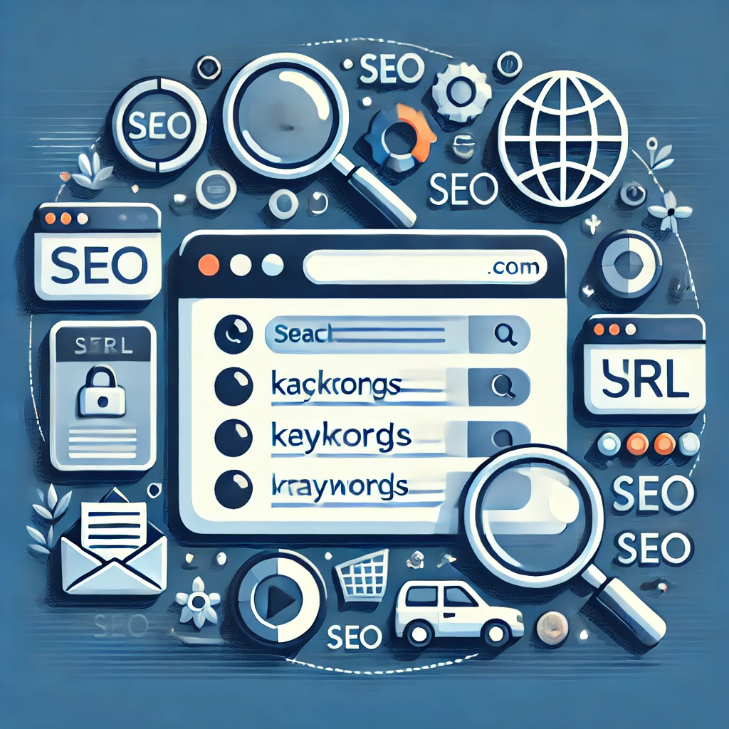 "Illustration of URL optimization for SEO, featuring a clean, well-structured URL with keywords highlighted, a search bar, and icons representing SEO metrics like ranking and traffic."