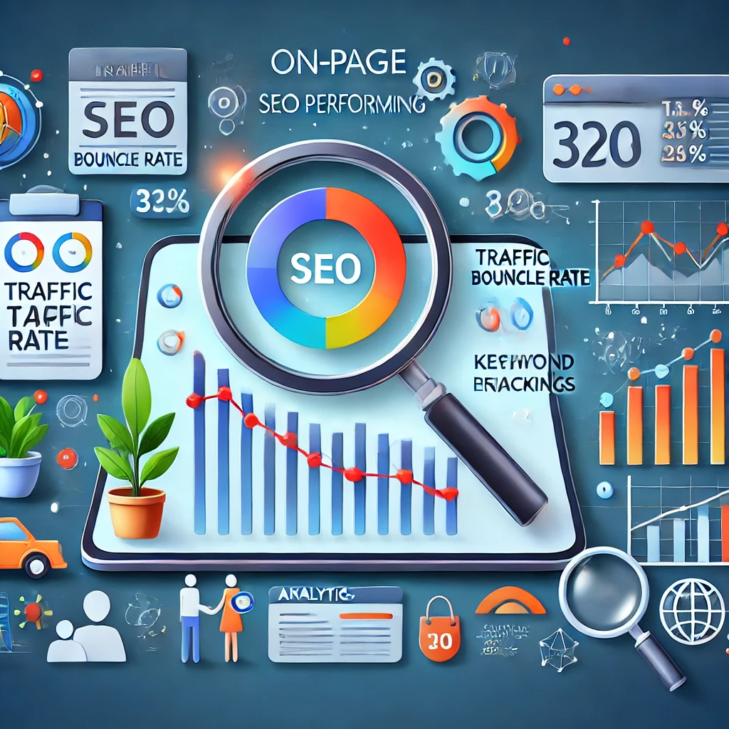 "Image illustrating the concept of measuring and tracking on-page SEO performance with an analytics dashboard displaying metrics like traffic, bounce rate, keyword rankings, and user engagement."