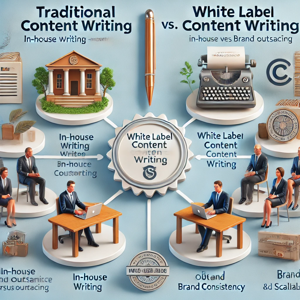 "Diagram illustrating the difference between traditional and white label content writing."