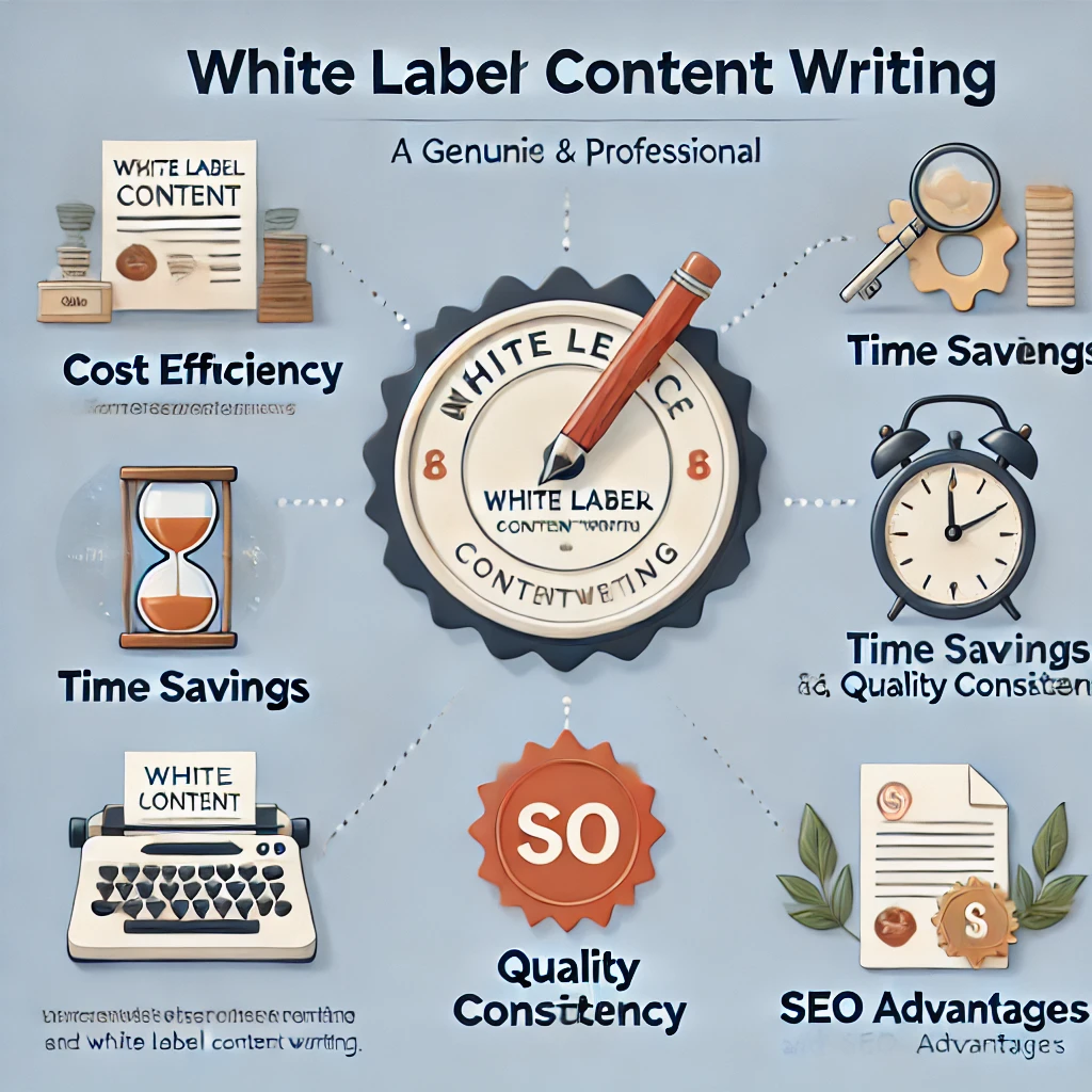 "Infographic highlighting benefits of white label content writing including cost efficiency, time savings, quality, and SEO advantages."