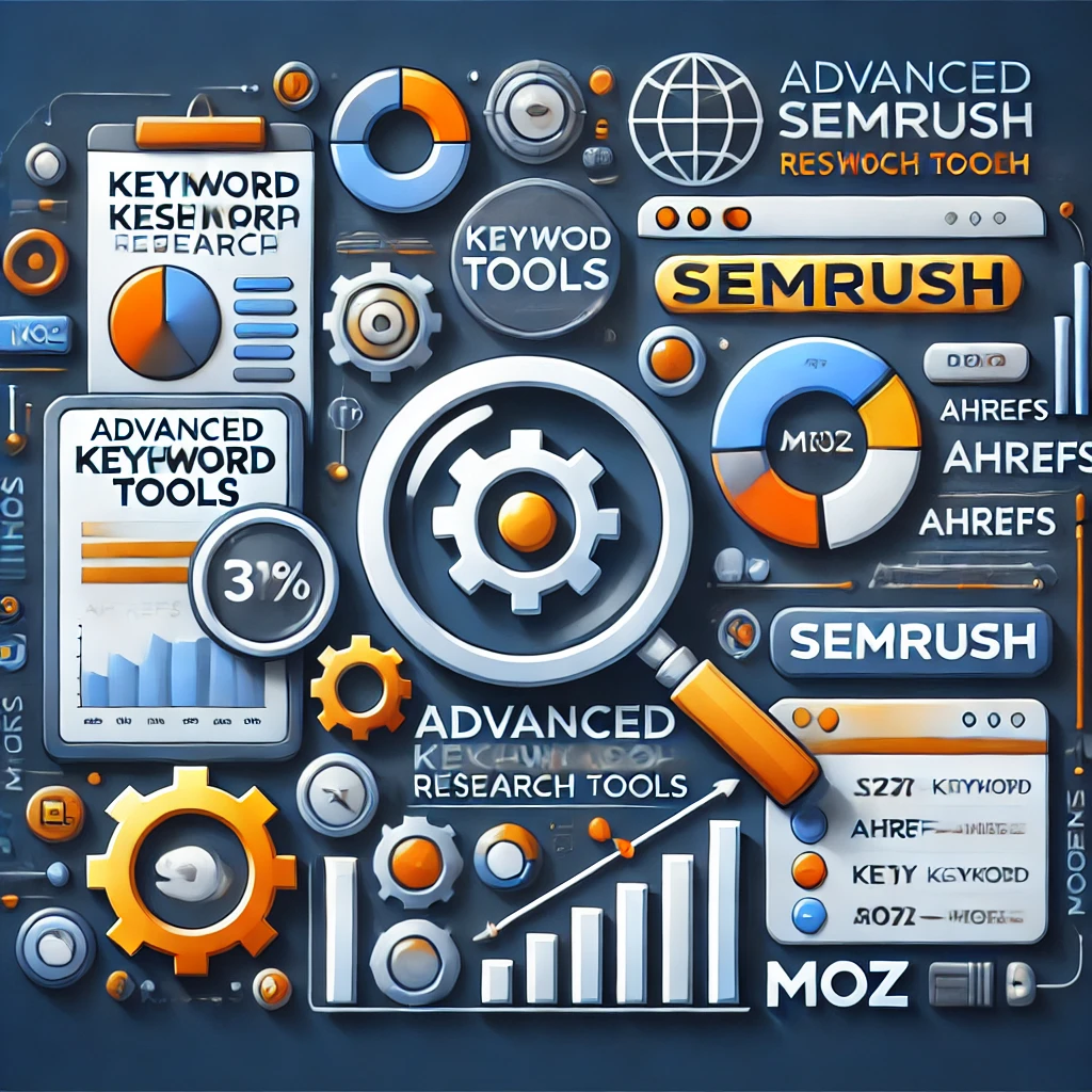 "Human figures analyzing data on screens with SEMrush, Ahrefs, and Moz logos, and keyword data analysis charts"