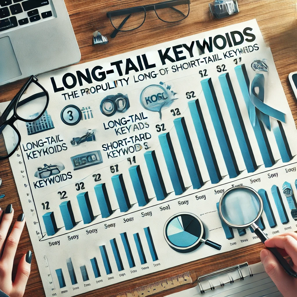 "Human figure pointing at a graph showing the popularity of long-tail keywords compared to short-tail keywords with examples"