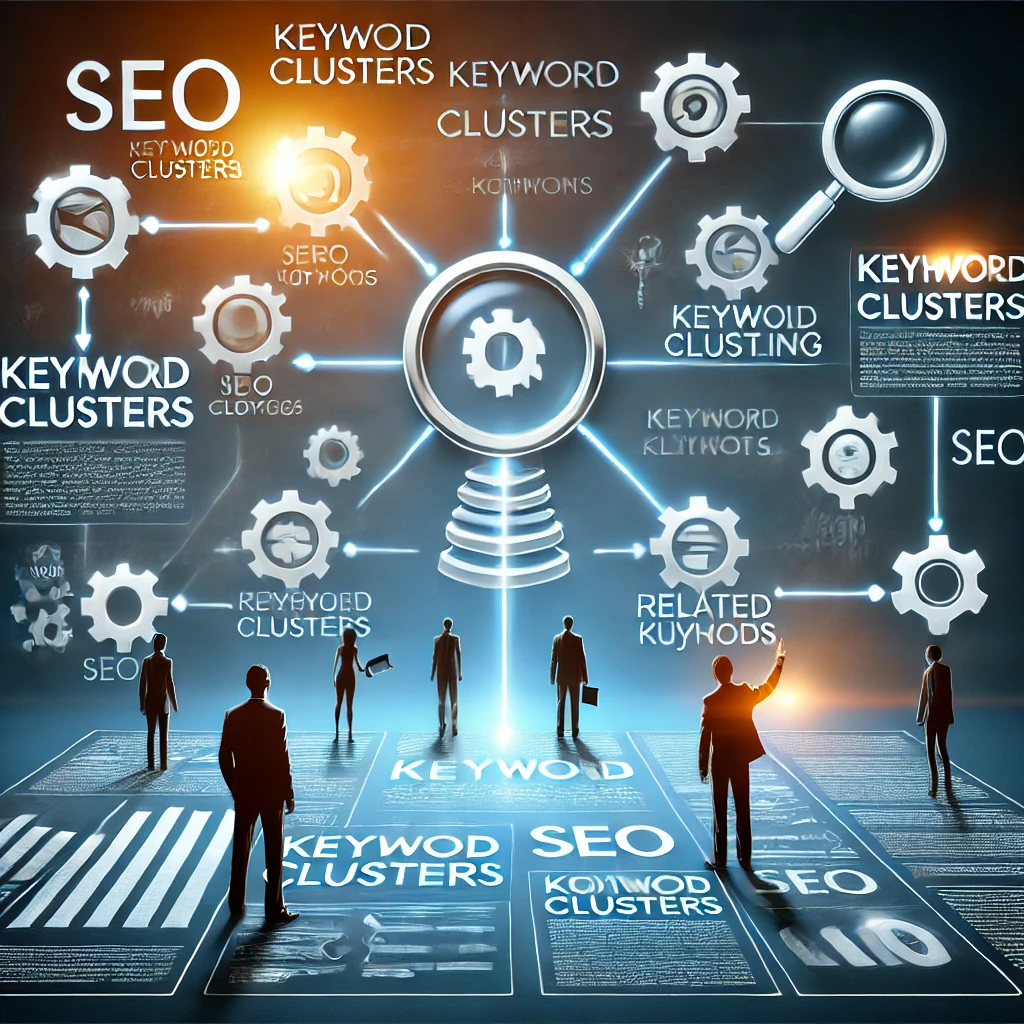 "Human figures organizing groups of related keywords and a content structure outline showing the benefits of keyword clustering"