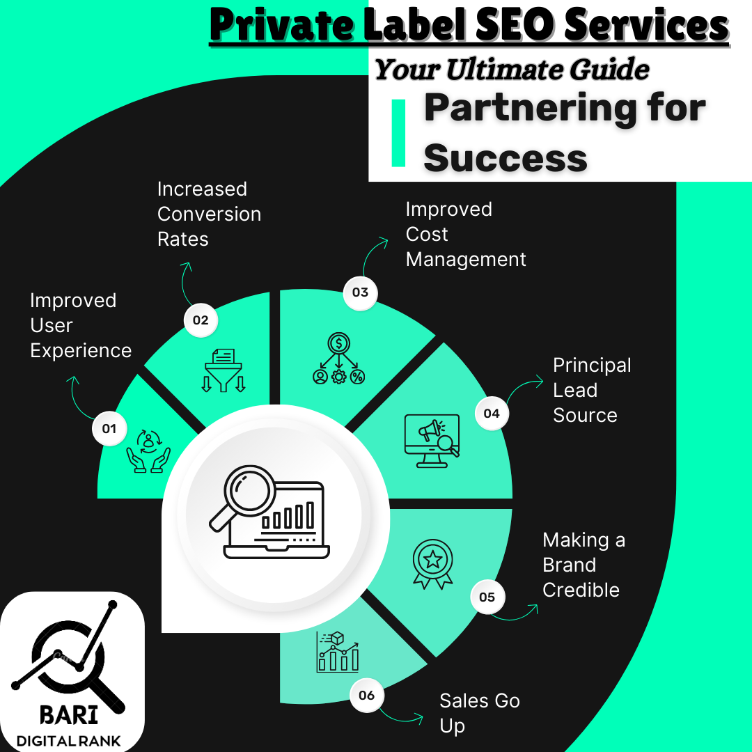  "Infographic illustrating the benefits of Private Label SEO Services, including improved user experience, conversion rates, cost management, and brand credibility."