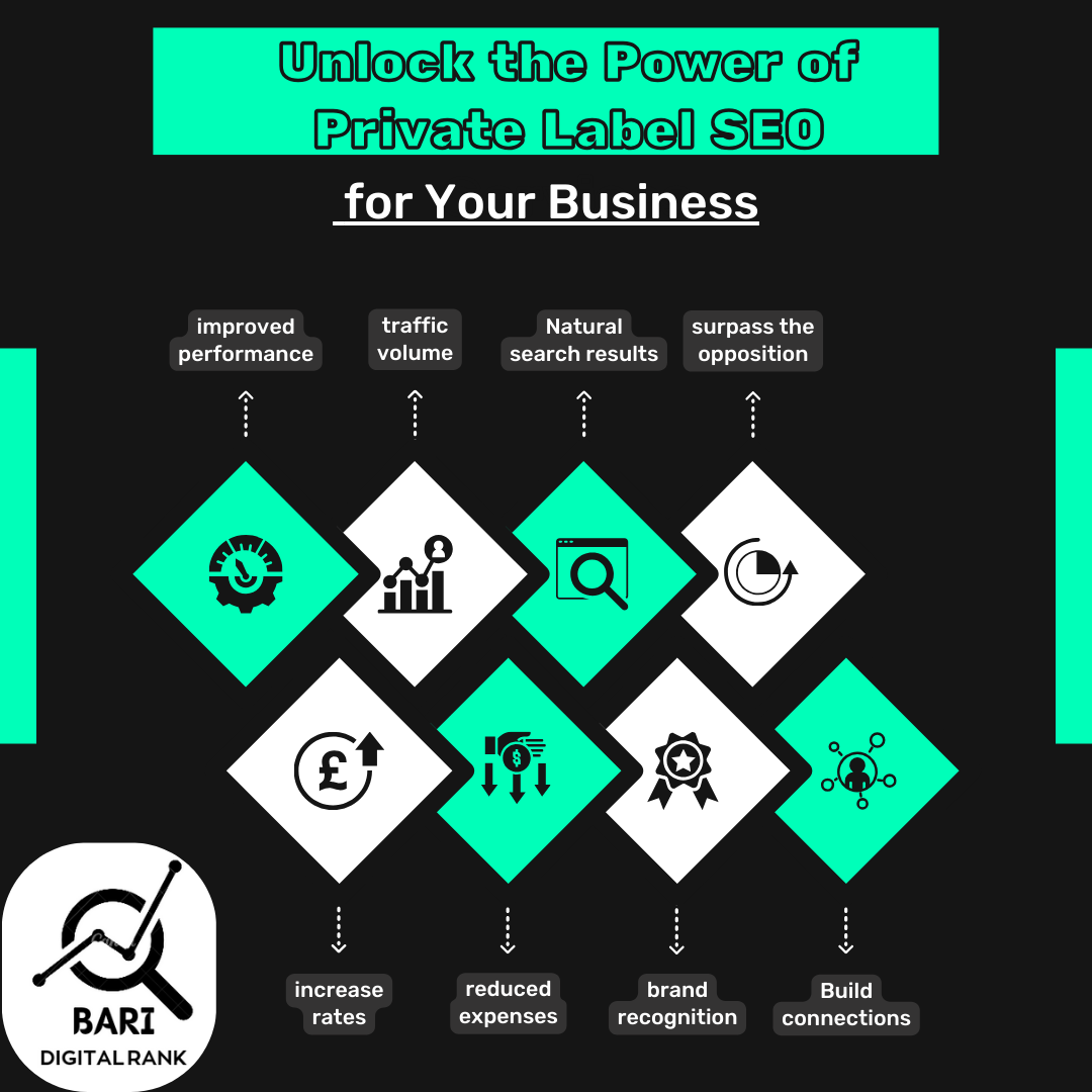 "Infographic showing benefits of Private Label SEO, including improved performance, traffic growth, natural search results, brand recognition, and reduced costs."