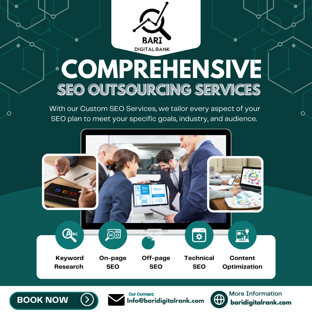 "Comprehensive SEO outsourcing services by Bari Digital Rank with a focus on keyword research, on-page and off-page SEO, technical SEO, and content optimization."