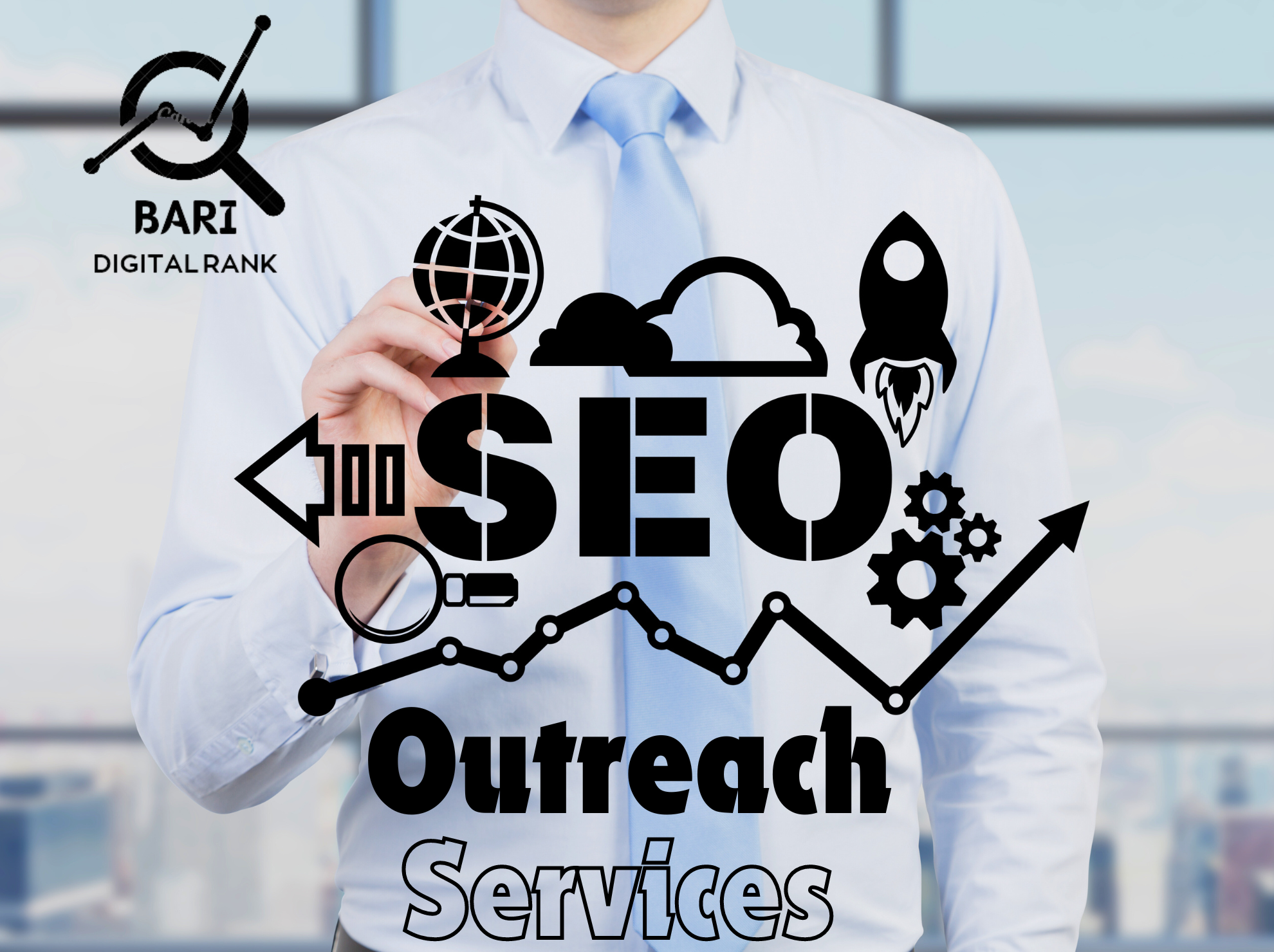 "SEO outreach services offered by Bari Digital Rank, including global outreach, keyword research, and content strategy."