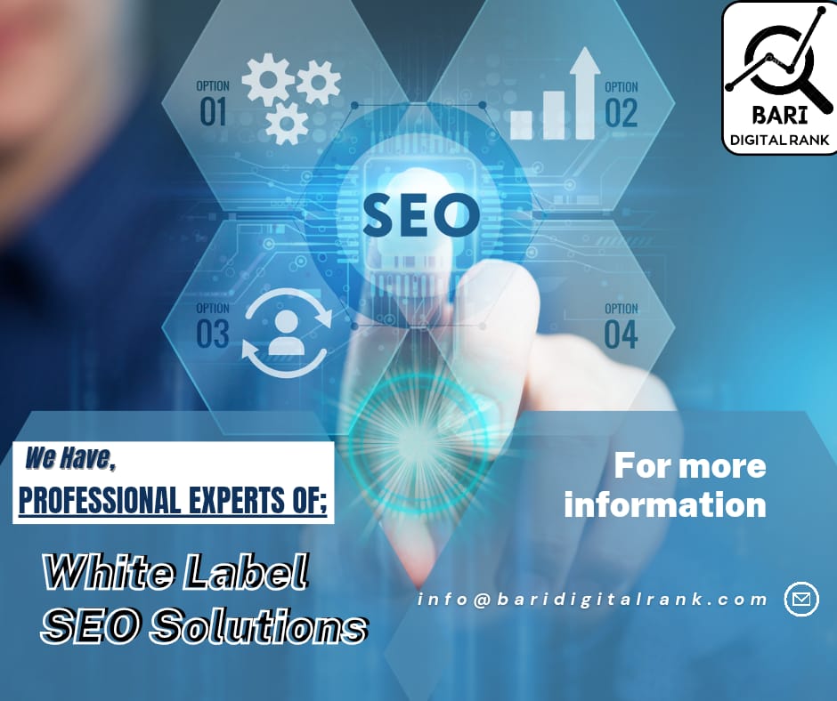 Professional digital marketing graphic showcasing SEO solutions with a hand pointing at a digital interface displaying SEO options and metrics.