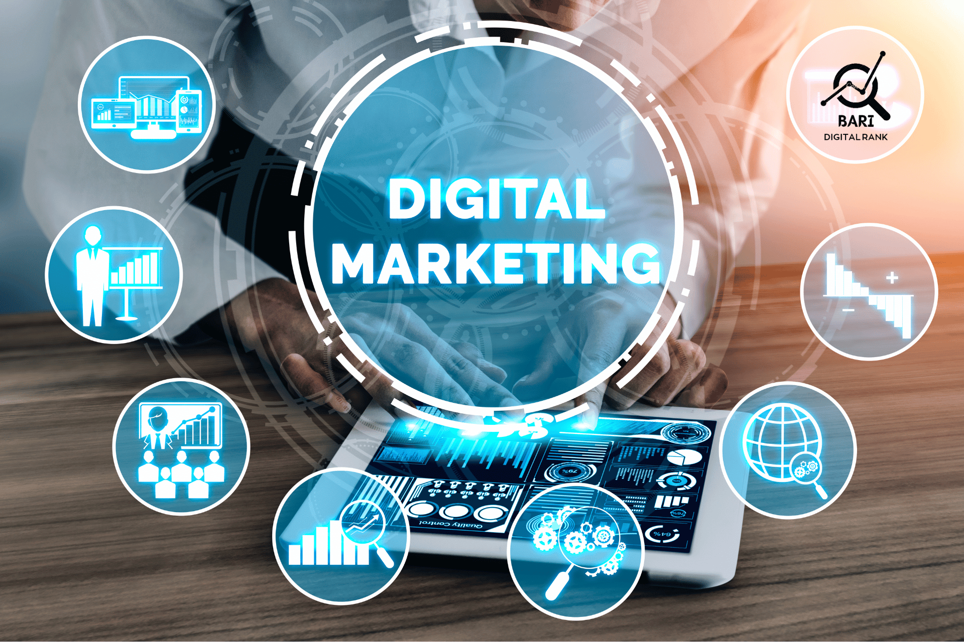 "Digital marketing solutions by Bari Digital Rank for global SEO success."