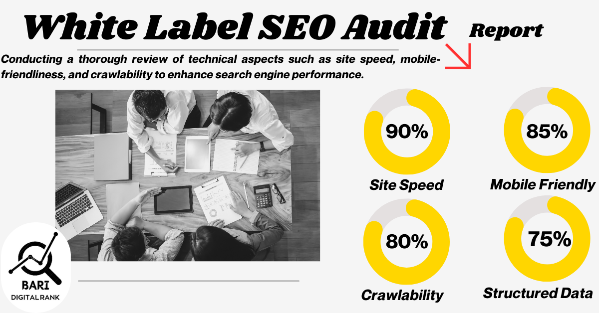 "White Label SEO Audit infographic showing performance metrics for site speed, mobile-friendliness, crawlability, and structured data for better SEO results."